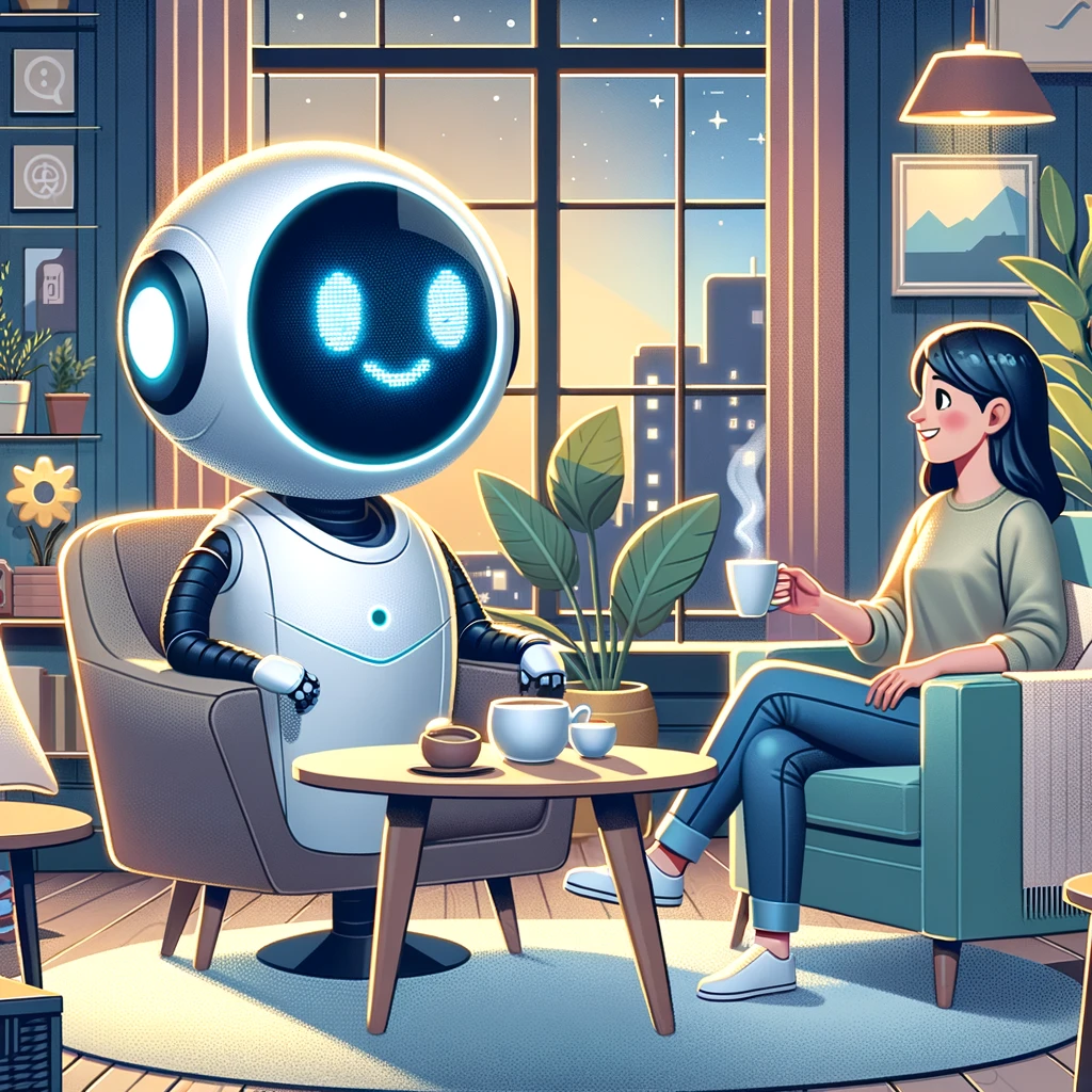 AI (robot) chatting with a lady both sitting in chairs.
